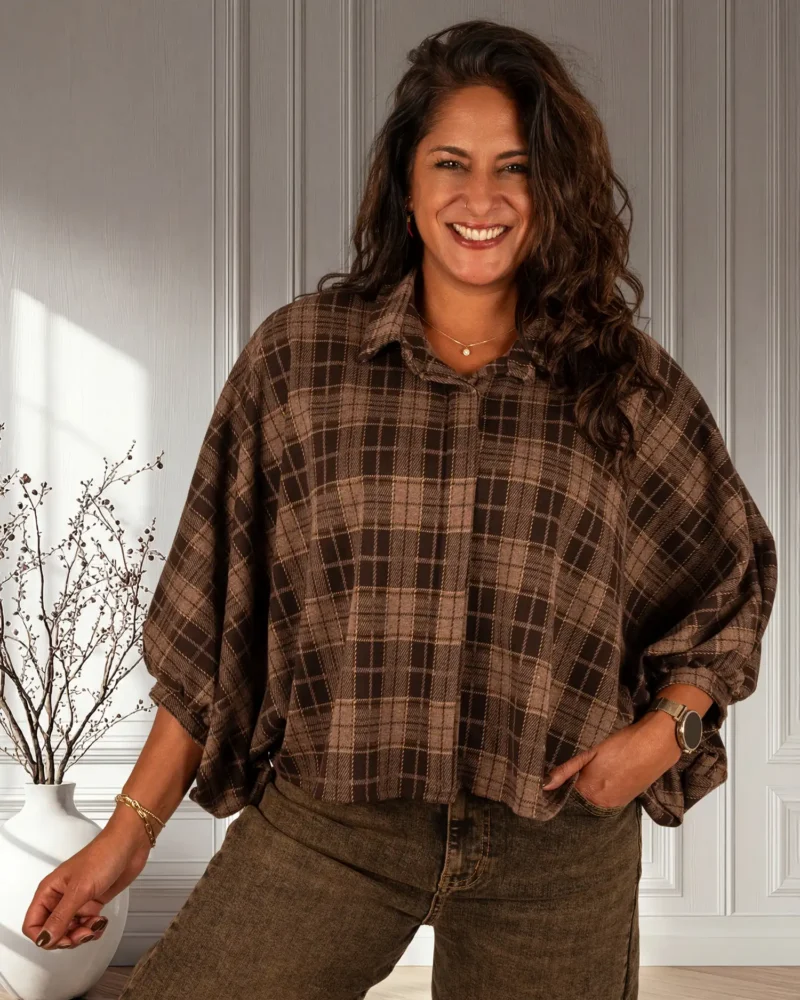 Donkerbruin geruite flanellen oversized blouse van El-Vita