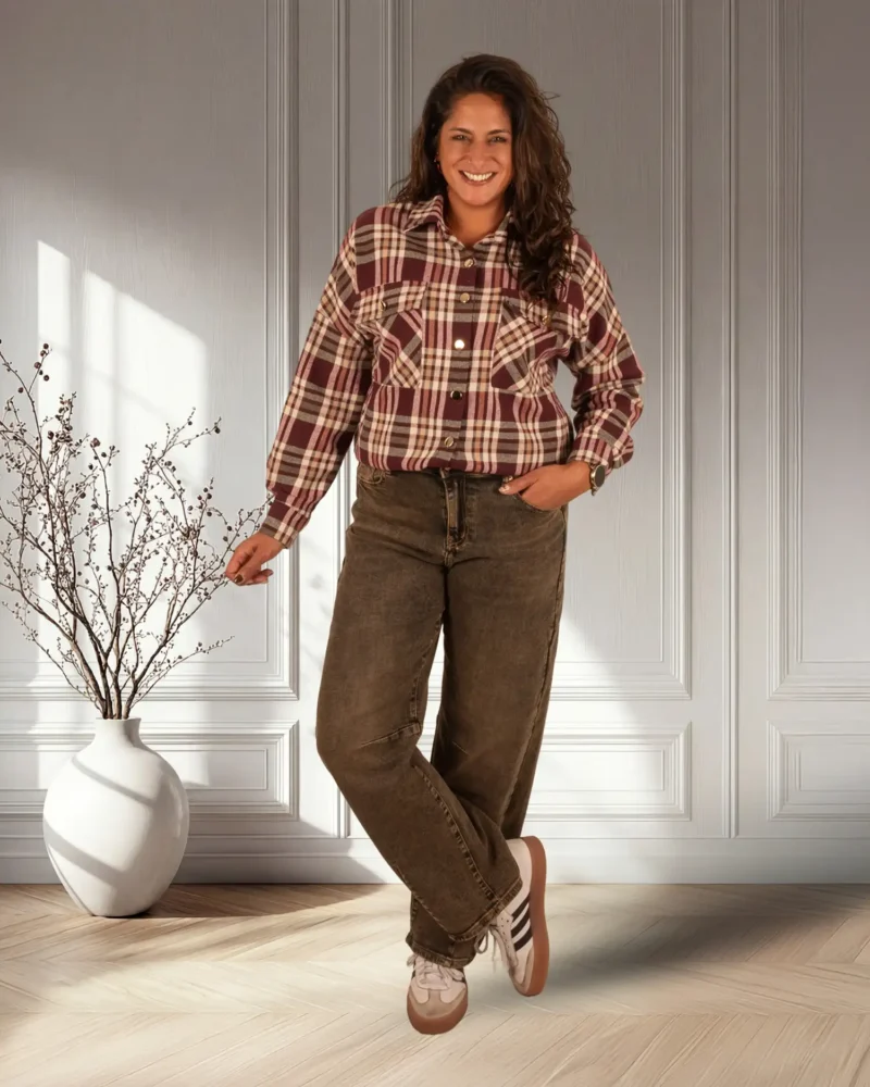Bordeaux/ecru geruite flanellen blouse van Gemma Ricceri - Afbeelding 2