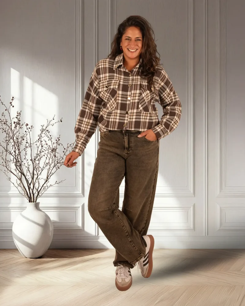 Bruin/ecru geruite flanellen blouse van Gemma Ricceri - Afbeelding 2