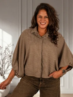 Taupe/bruin pepita ruitje oversized blouse van El-Vita