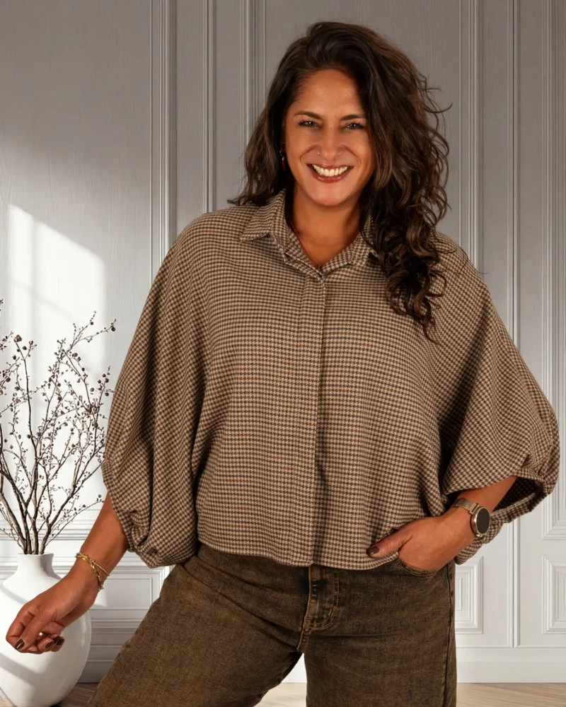 Taupe/bruin pepita ruitje oversized blouse van El-Vita