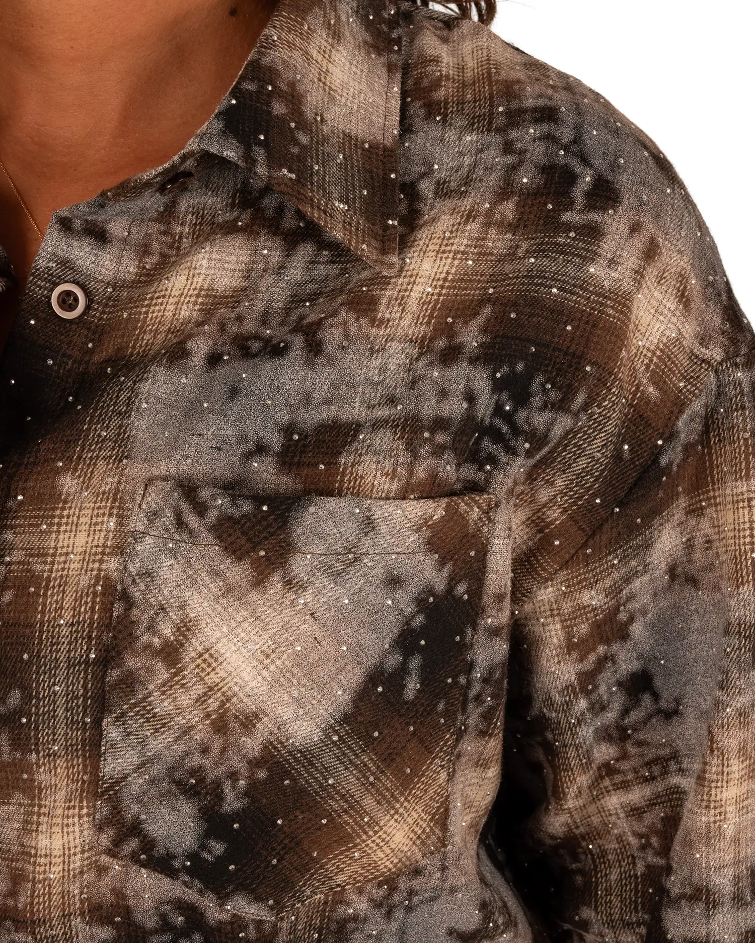 Bruine print geruite blouse strass van Cherry Koko - Afbeelding 5