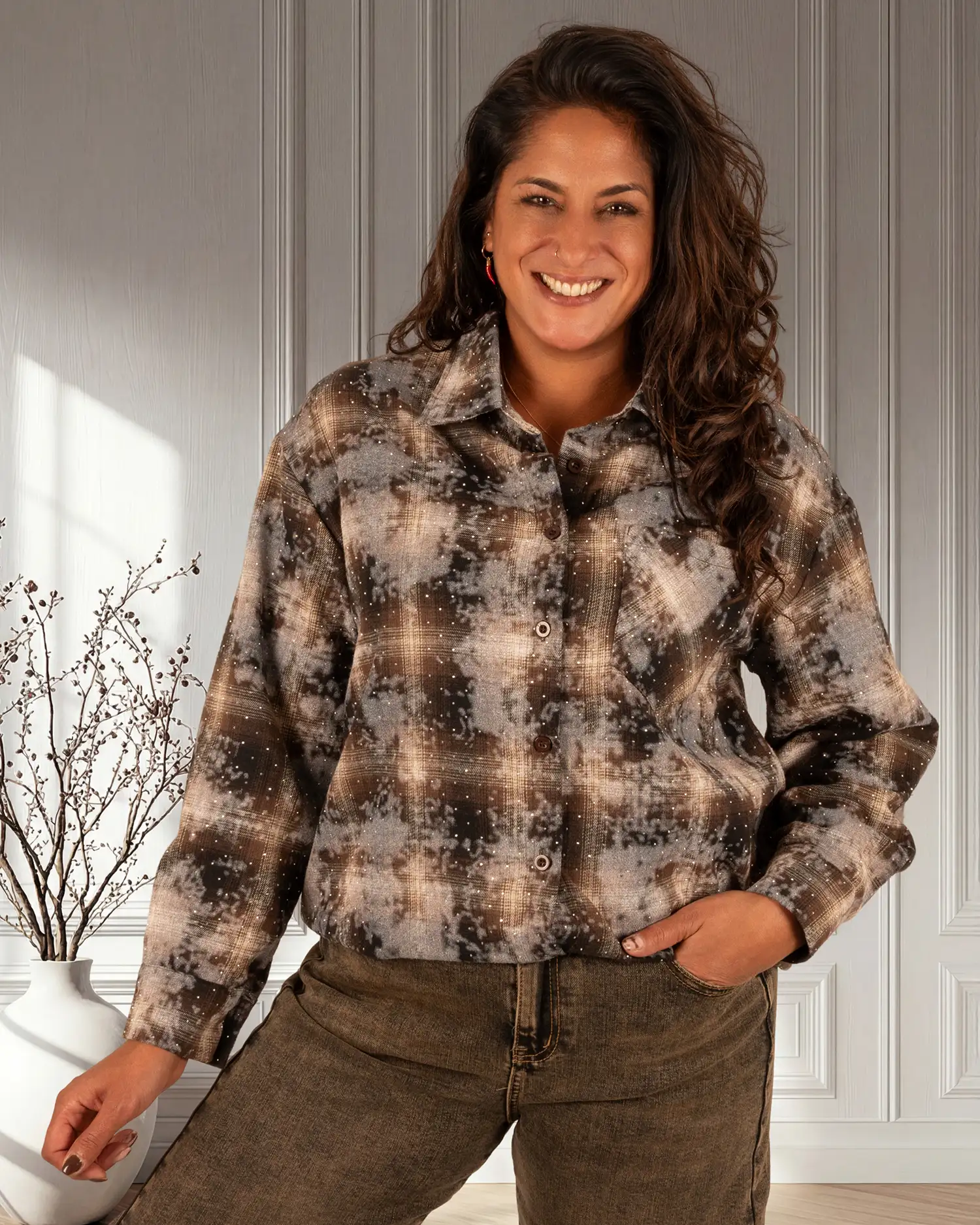 Bruine print geruite blouse strass van Cherry Koko - Afbeelding 3