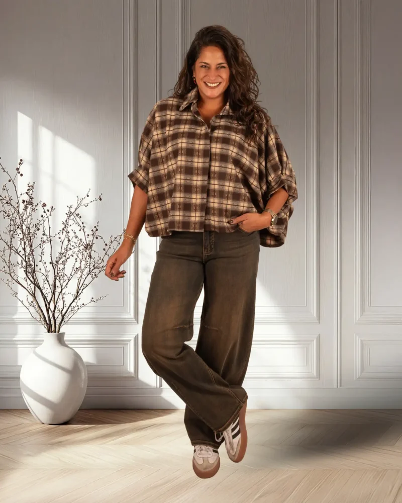 Bruin/beige geruite flanellen oversized ballonblouse van El-Vita - Afbeelding 2