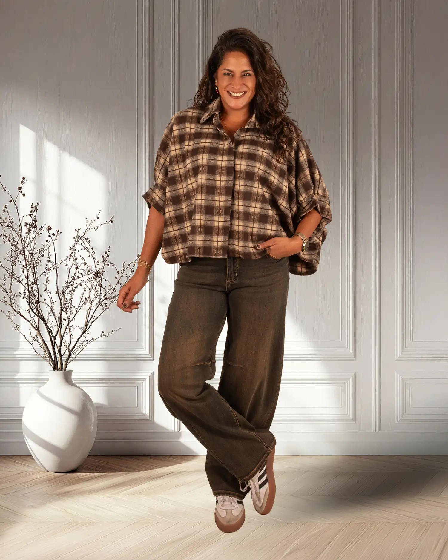 Bruin/beige geruite flanellen oversized ballonblouse van El-Vita - Afbeelding 2
