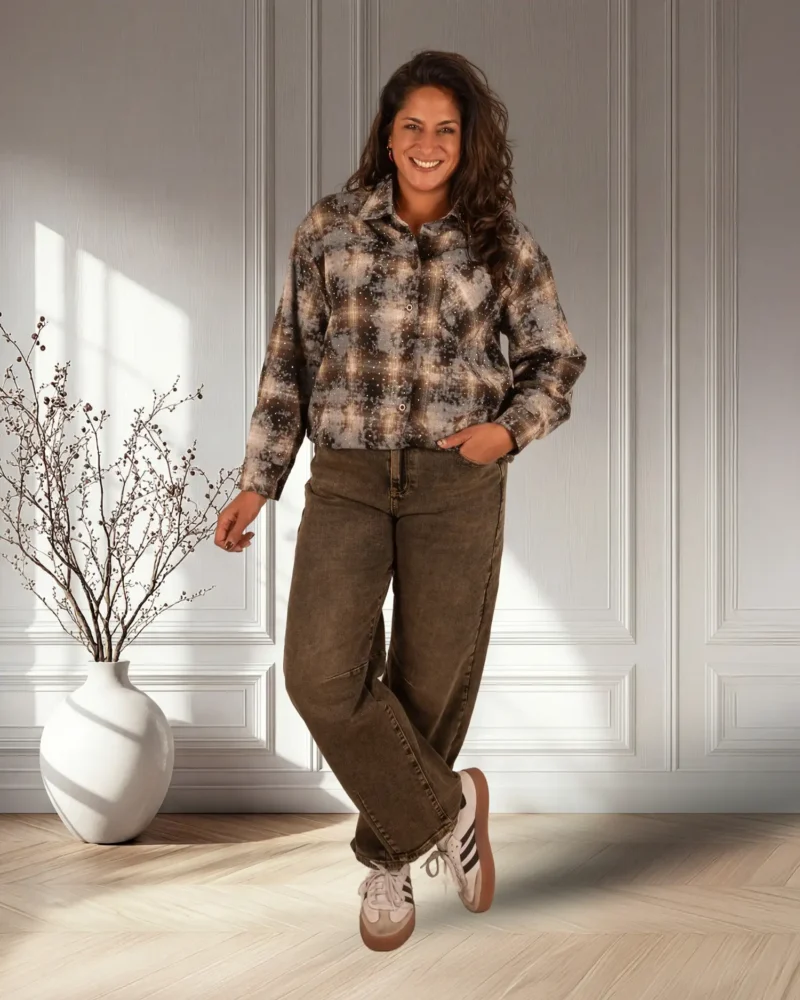 Bruine print geruite blouse strass van Cherry Koko - Afbeelding 2