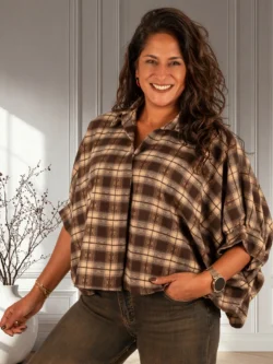 Bruin/beige geruite flanellen oversized ballonblouse van El-Vita