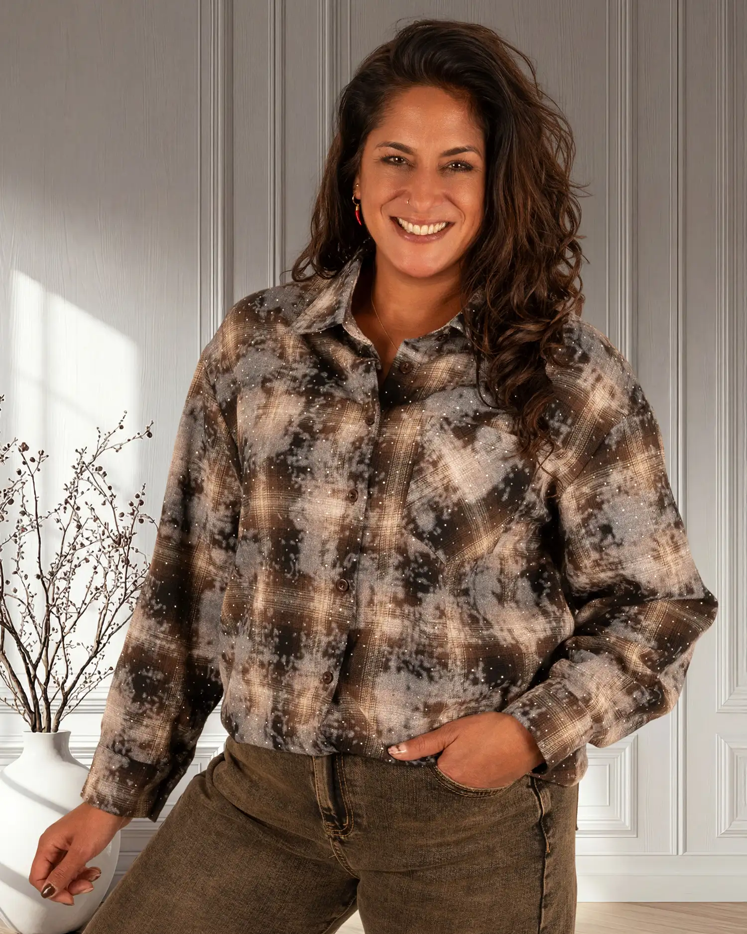 Bruine print geruite blouse strass van Cherry Koko