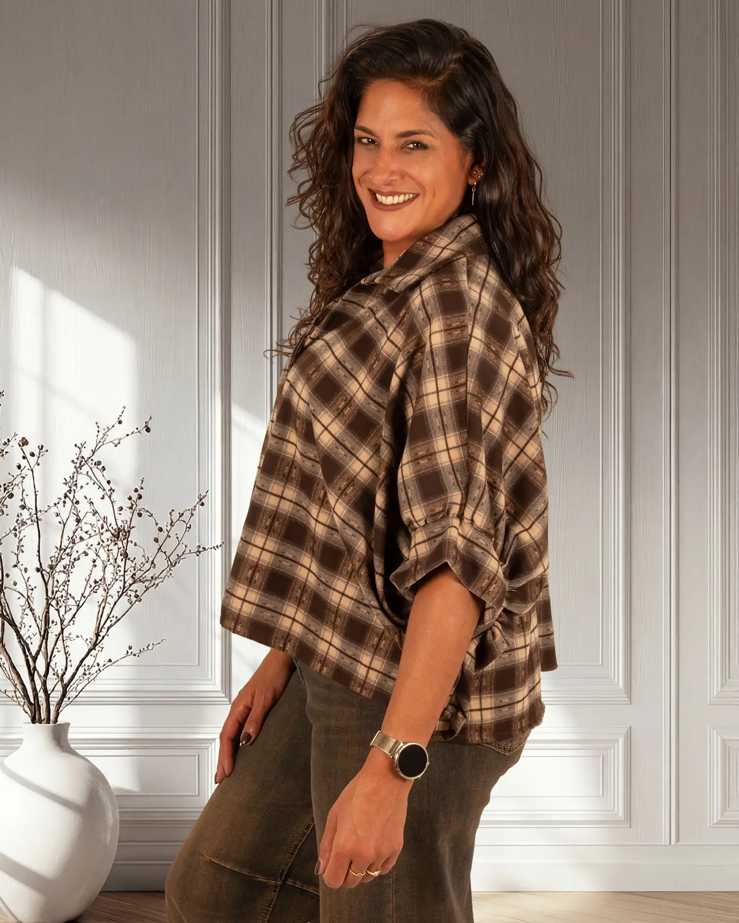 Bruin/beige geruite flanellen oversized ballonblouse van El-Vita - Afbeelding 4
