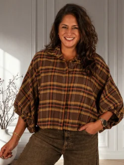Bruin/oker geruite flanellen oversized blouse van El-Vita