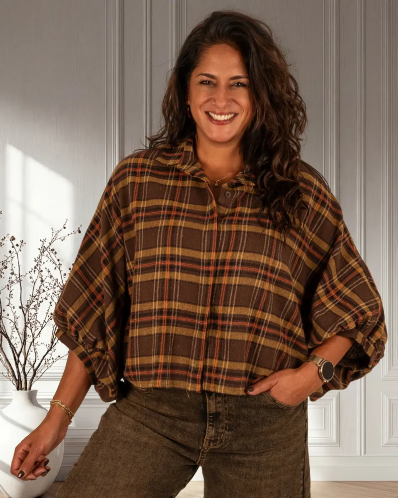 Bruin/oker geruite flanellen oversized blouse van El-Vita