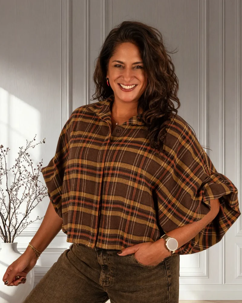 Bruin/oker geruite flanellen oversized blouse van El-Vita - Afbeelding 4