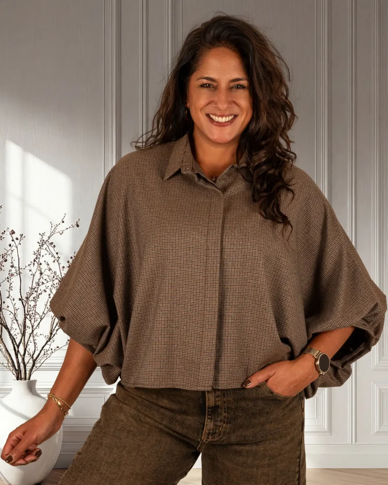 Bruin/zwart pepita ruitje oversized blouse van El-Vita