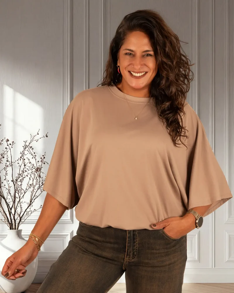 Taupe ballon shirt vleermuismouw van Mooij