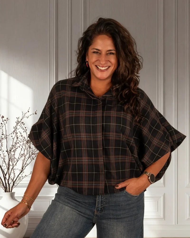 Zwart/bruin geruite oversized blouse van El-Vita - Afbeelding 2