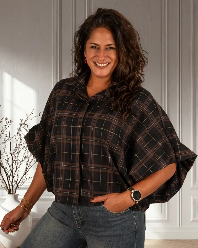 Zwart/bruin geruite oversized blouse van El-Vita - Afbeelding 4