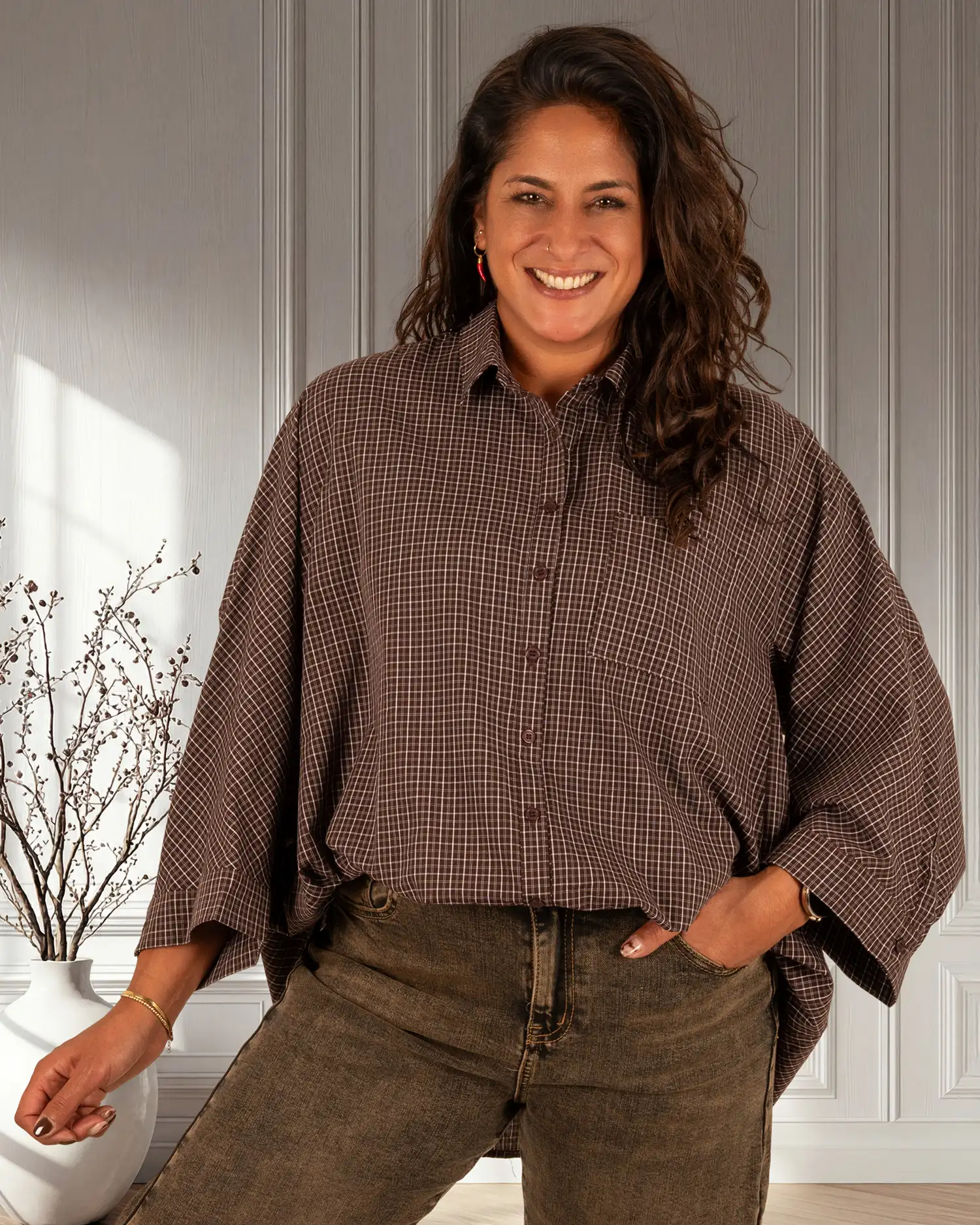 Donkerbruin/ecru geruite blouse van Elenza - Afbeelding 3