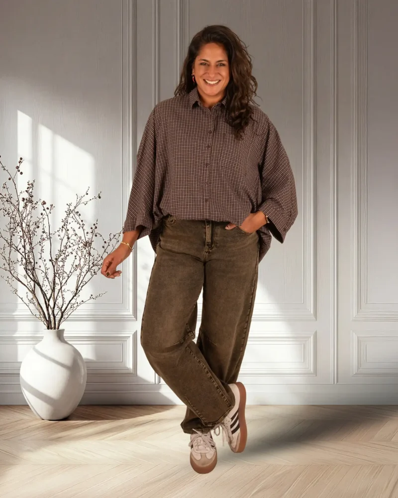 Donkerbruin/ecru geruite blouse van Elenza - Afbeelding 2