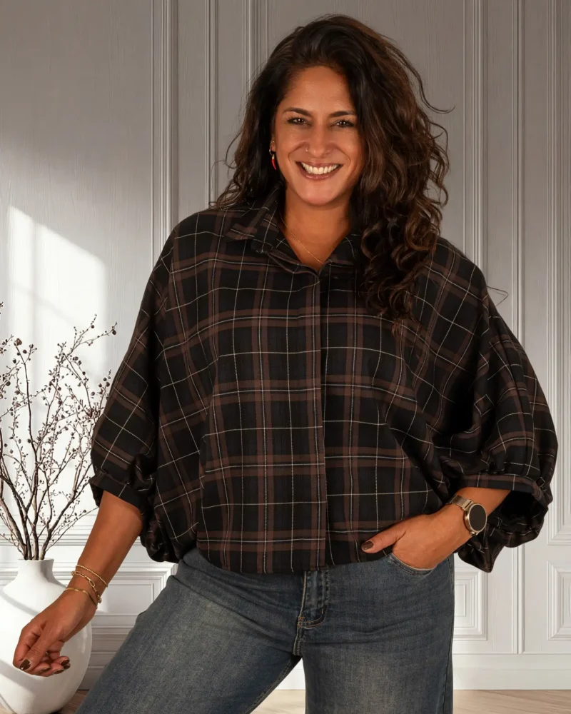 Zwart/bruin geruite oversized blouse van El-Vita