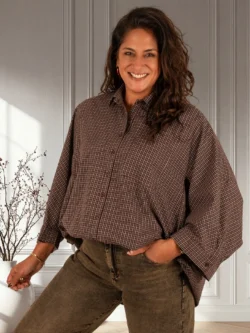 Donkerbruin/ecru geruite blouse van Elenza