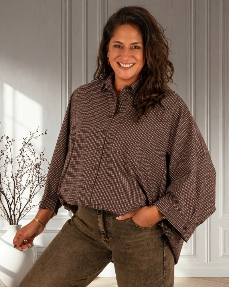 Donkerbruin/ecru geruite blouse van Elenza