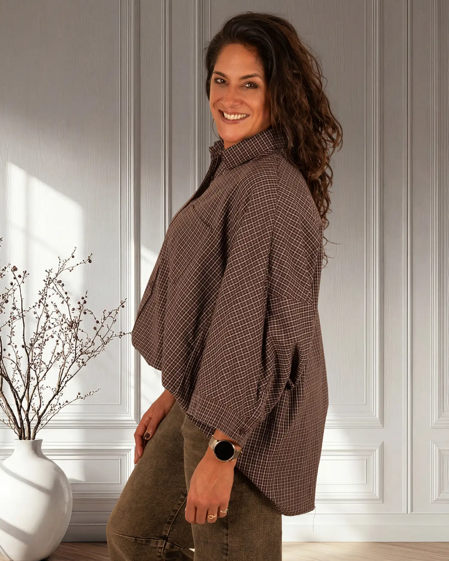 Donkerbruin/ecru geruite blouse van Elenza - Afbeelding 4