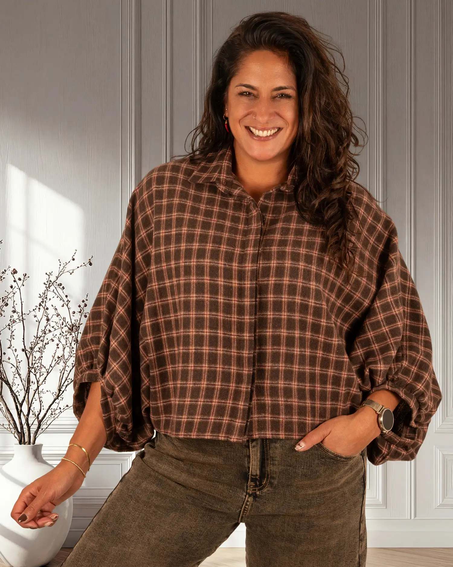 Bruin/bordeaux geruite flanellen oversized blouse van Gemma Ricceri