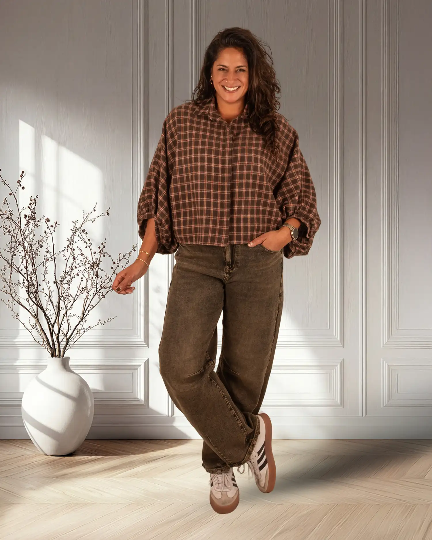 Bruin/bordeaux geruite flanellen oversized blouse van Gemma Ricceri - Afbeelding 3