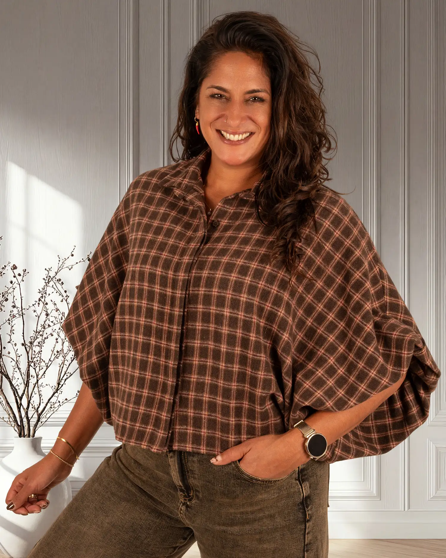 Bruin/bordeaux geruite flanellen oversized blouse van Gemma Ricceri - Afbeelding 4