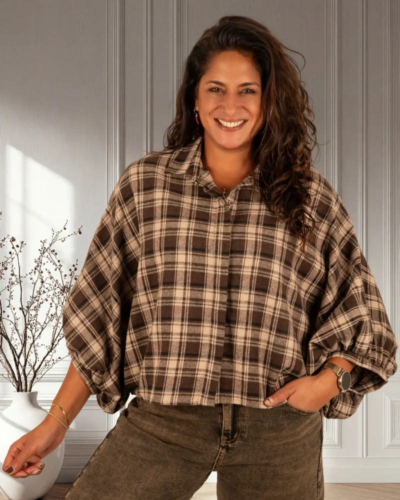 Bruin/beige geruite flanellen oversized blouse van Gemma Ricceri