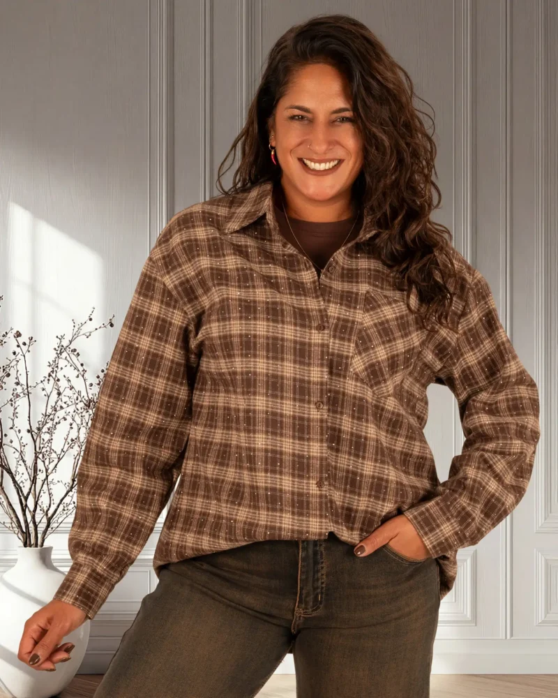 Bruin/beige geruite blouse strass van Retro&Icone - Afbeelding 3