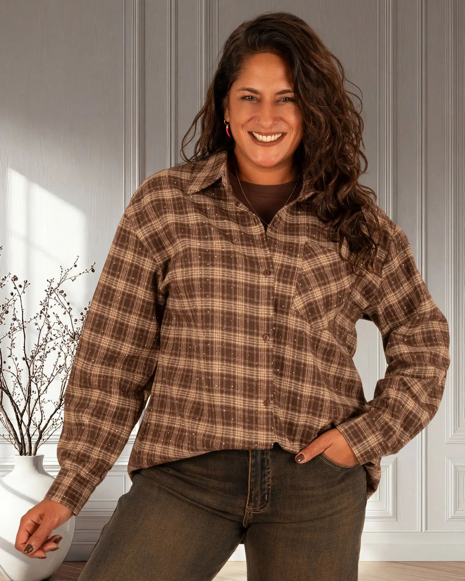 Bruin/beige geruite blouse strass van Retro&Icone - Afbeelding 3