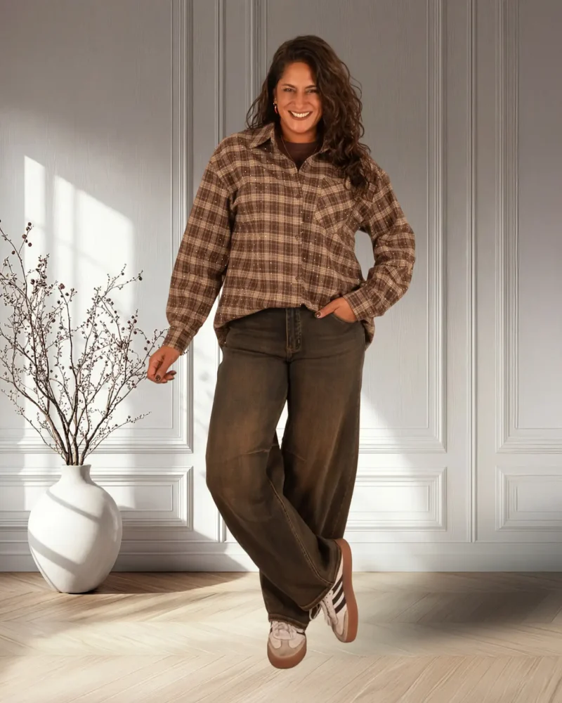 Bruin/beige geruite blouse strass van Retro&Icone - Afbeelding 2