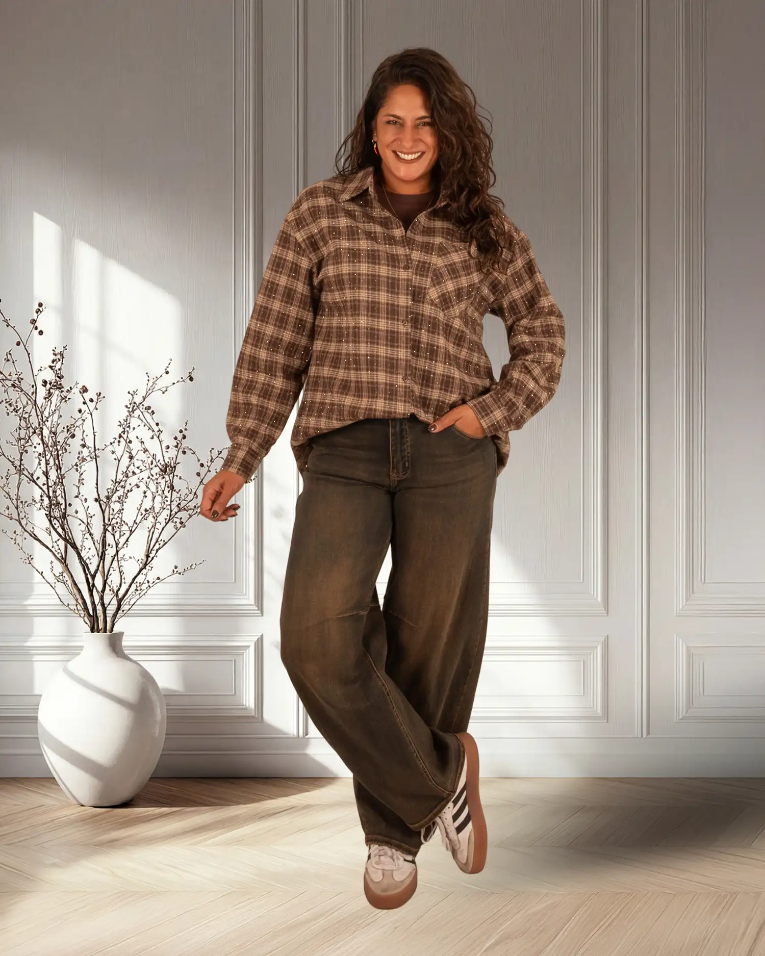 Bruin/beige geruite blouse strass van Retro&Icone - Afbeelding 2