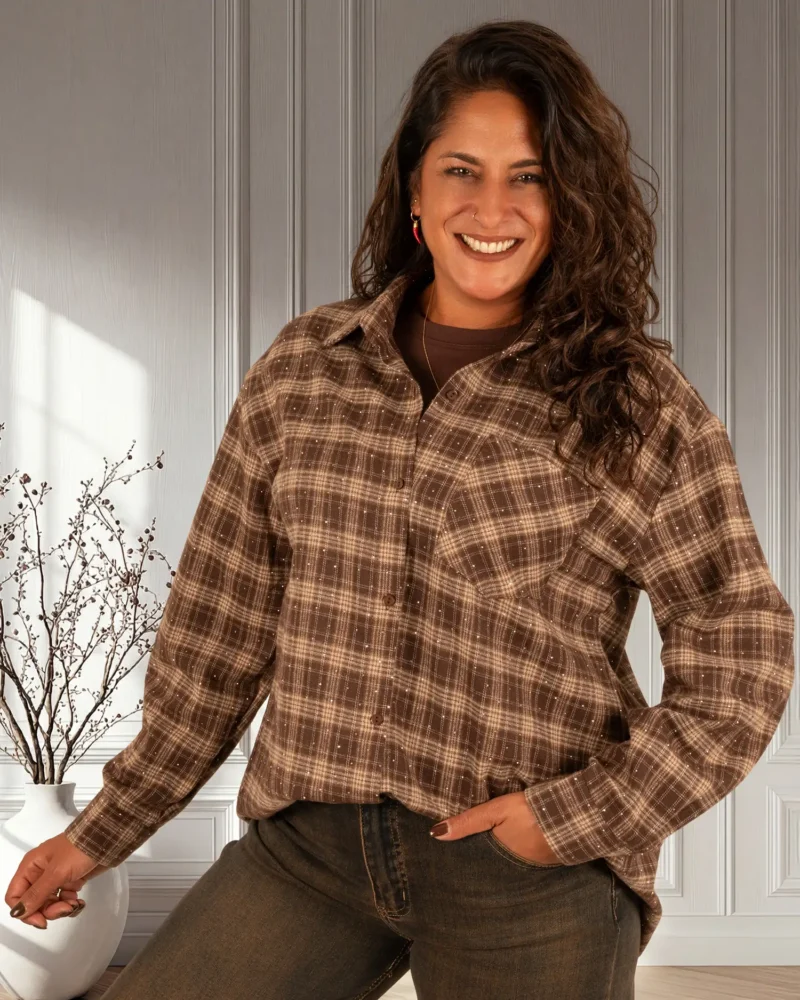 Bruin/beige geruite blouse strass van Retro&Icone