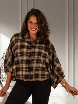 Zwart/beige geruite flanellen oversized ballonblouse met glitter van Gemma Ricceri