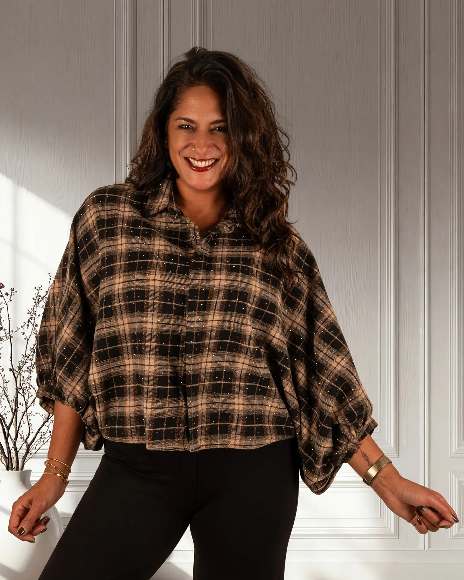 Zwart/beige geruite flanellen oversized ballonblouse met glitter van Gemma Ricceri