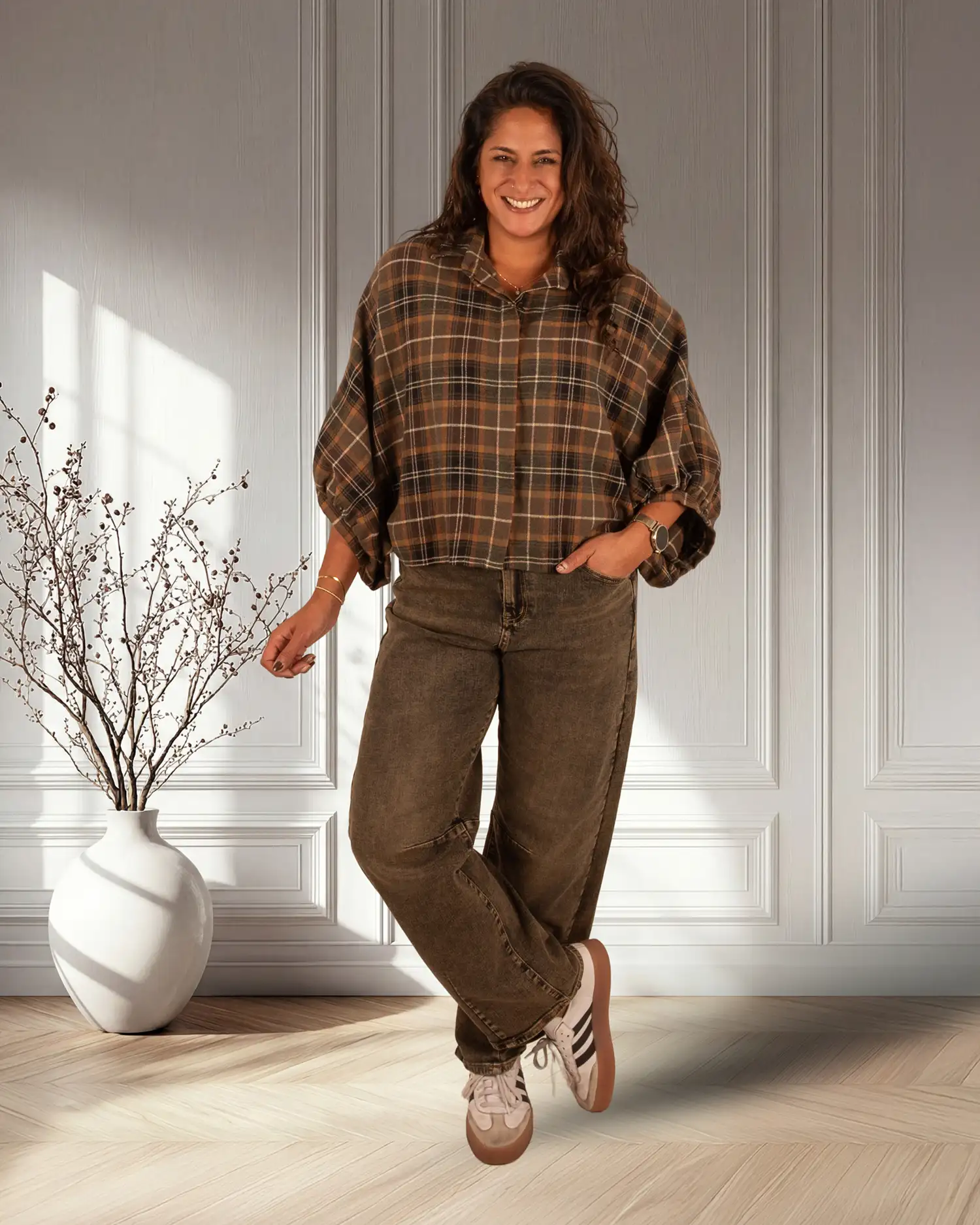 Groen/bruin geruite flanellen oversized blouse van El-Vita - Afbeelding 3