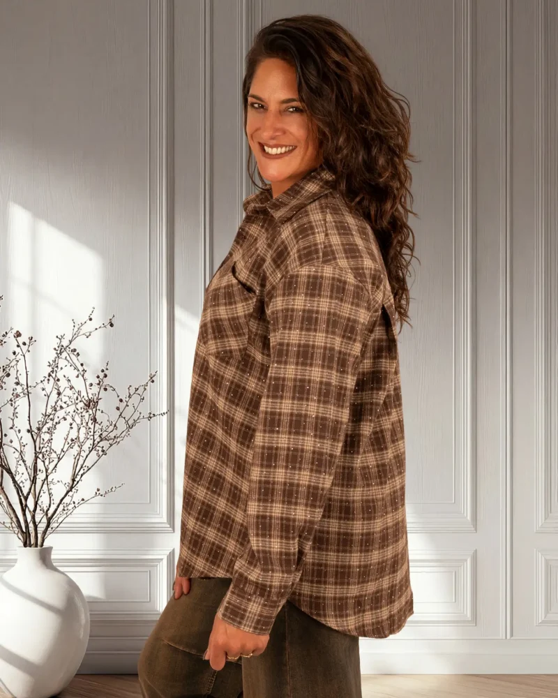Bruin/beige geruite blouse strass van Retro&Icone - Afbeelding 5