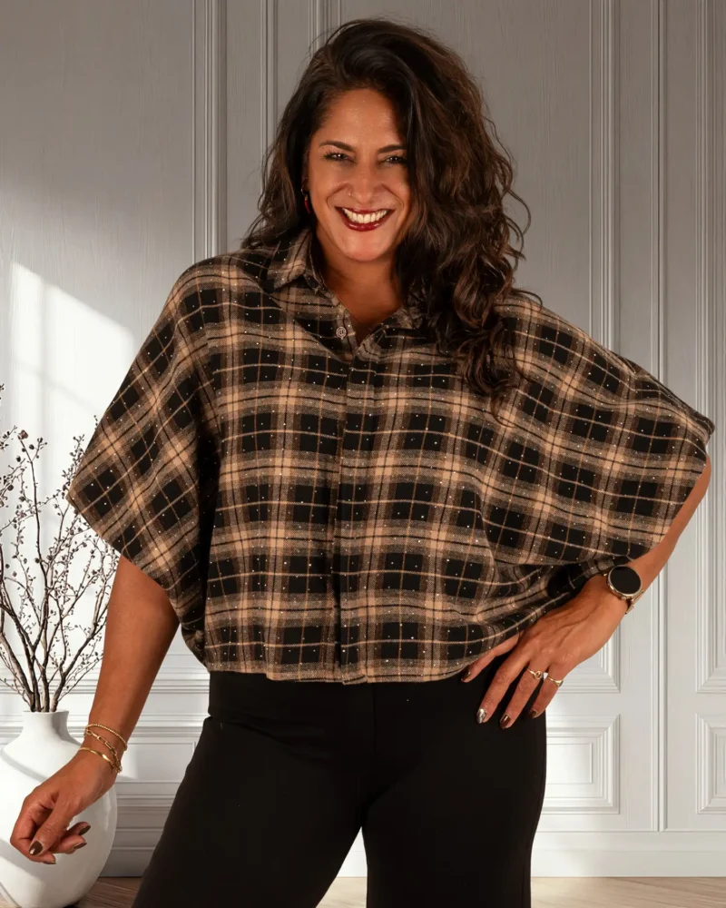 Zwart/beige geruite flanellen oversized ballonblouse met glitter van Gemma Ricceri - Afbeelding 4