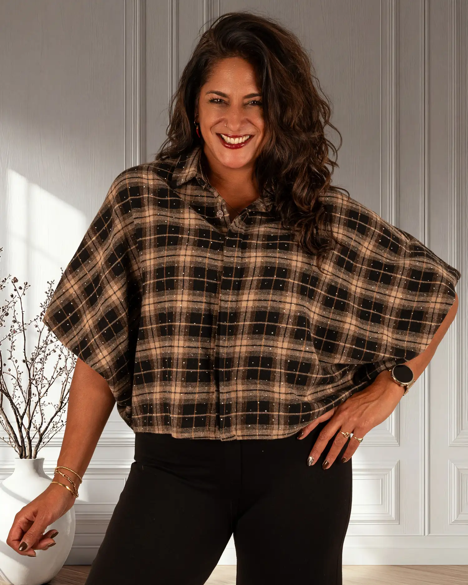 Zwart/beige geruite flanellen oversized ballonblouse met glitter van Gemma Ricceri - Afbeelding 4