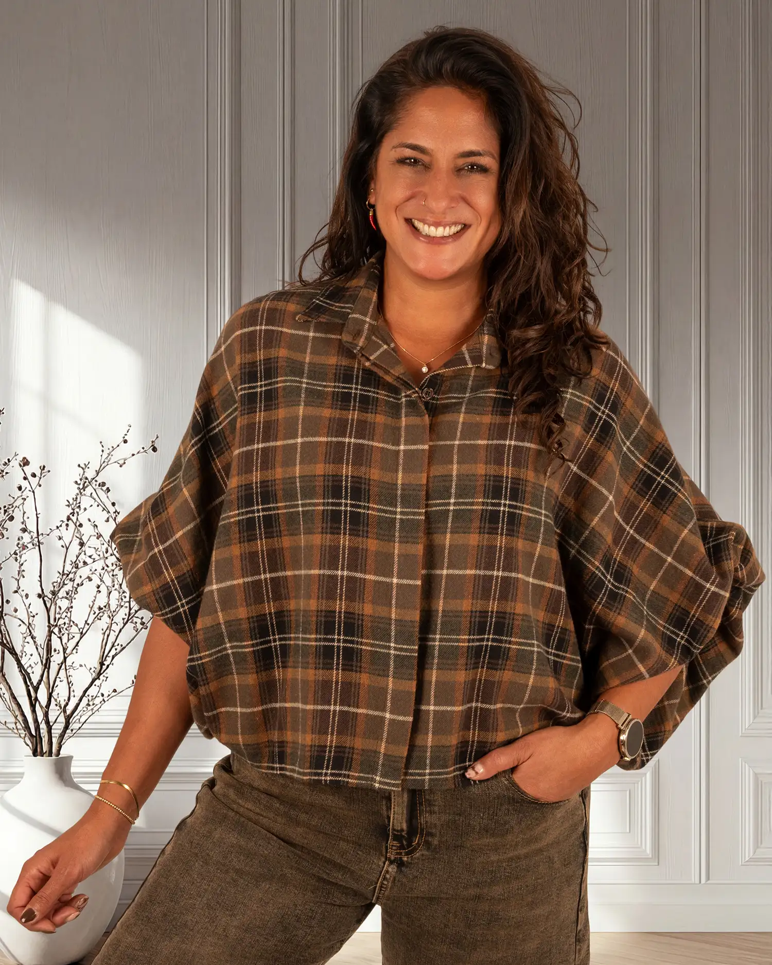 Groen/bruin geruite flanellen oversized blouse van El-Vita - Afbeelding 2