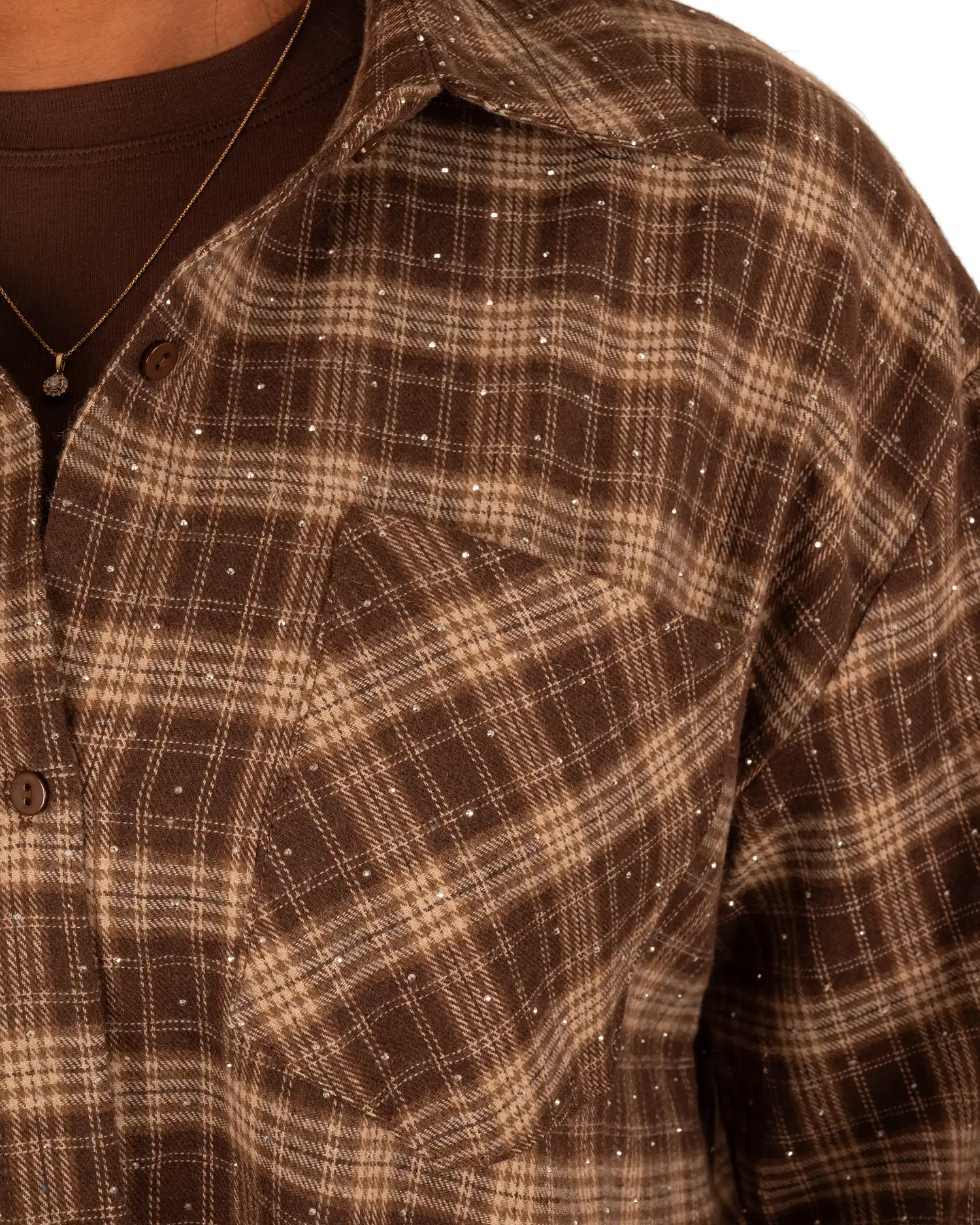 Bruin/beige geruite blouse strass van Retro&Icone - Afbeelding 6
