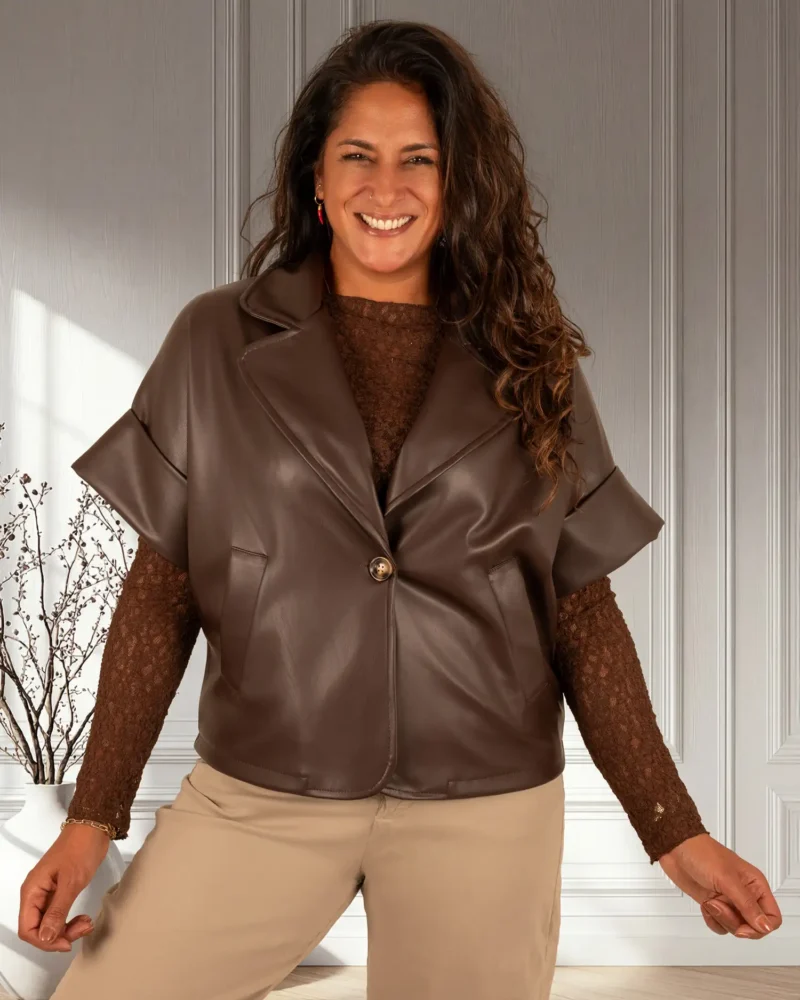Donkerbruin leatherlook blazerjasje van BM - Afbeelding 4