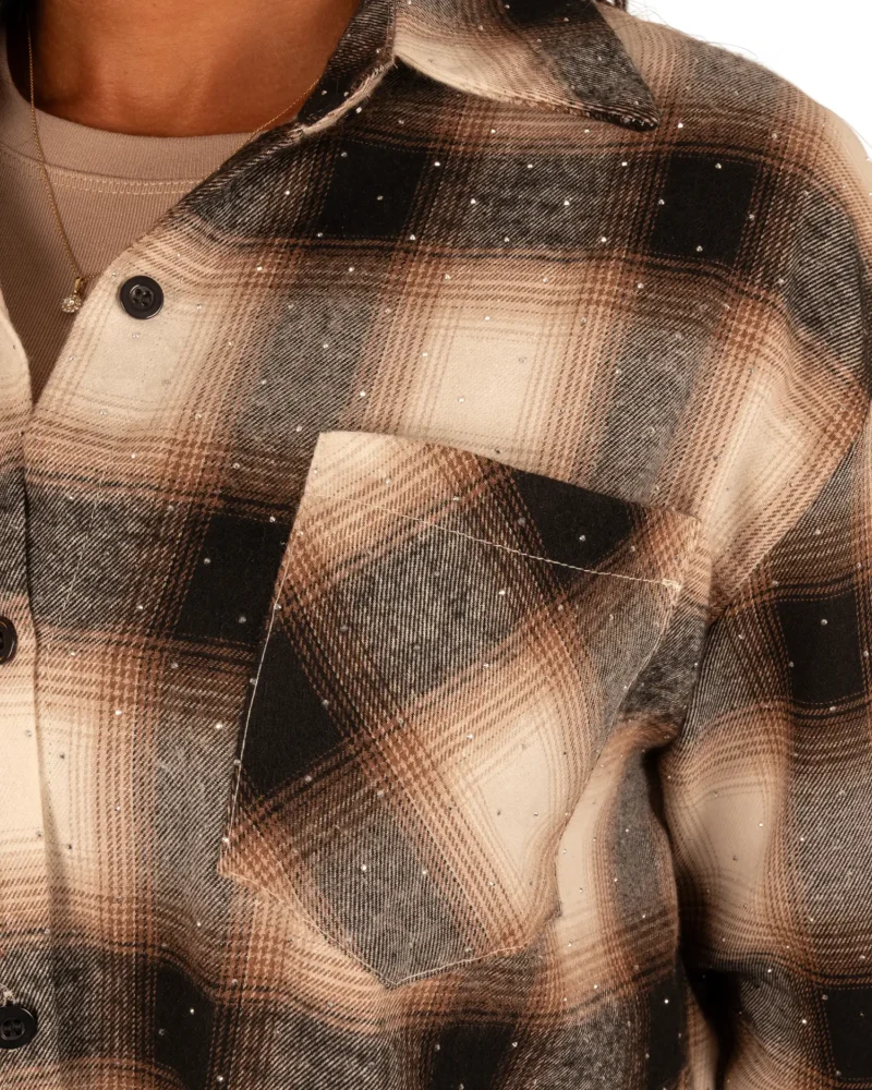 Bruin/beige/zwart geruite blouse strass van My Fave - Afbeelding 5
