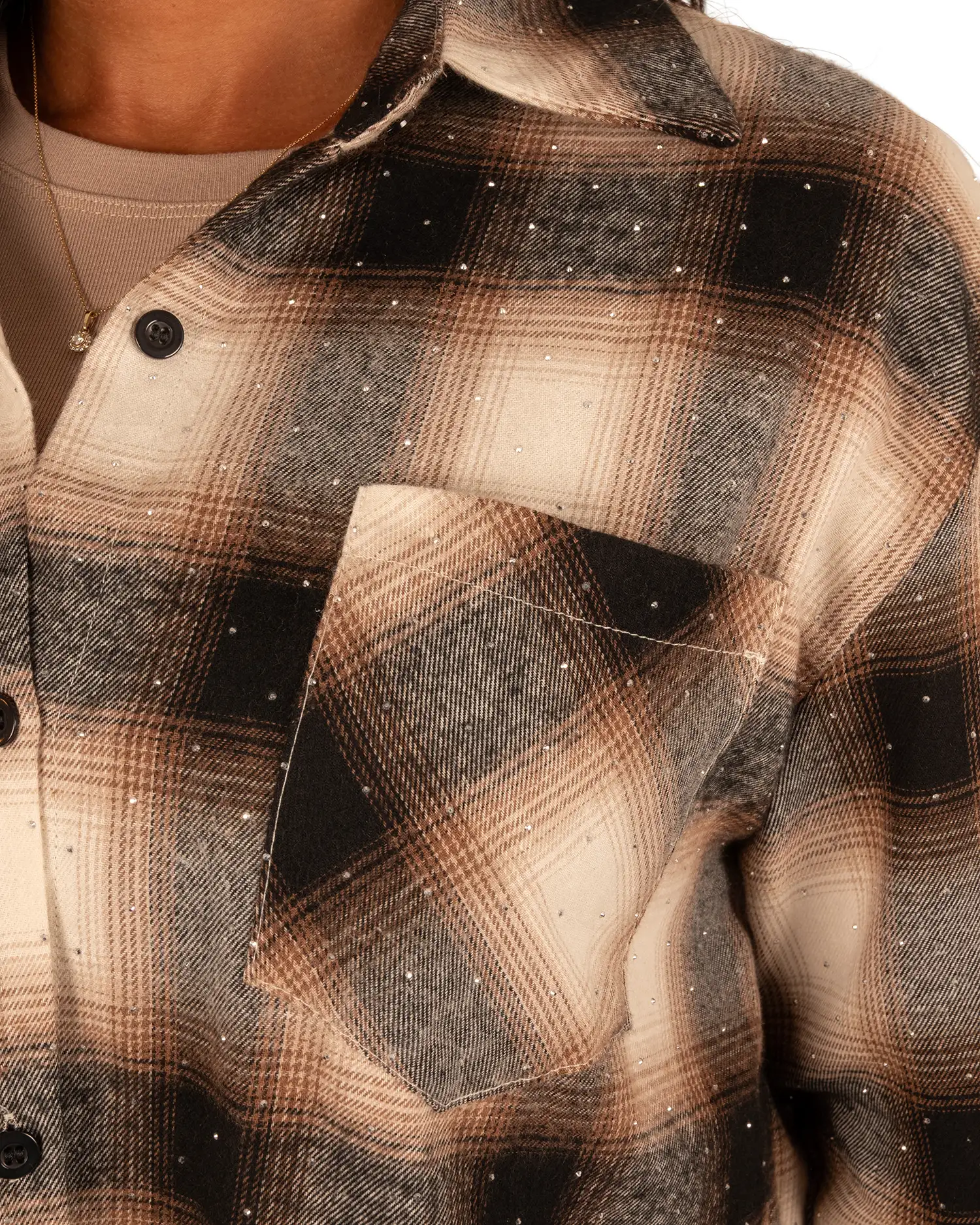 Bruin/beige/zwart geruite blouse strass van My Fave - Afbeelding 5