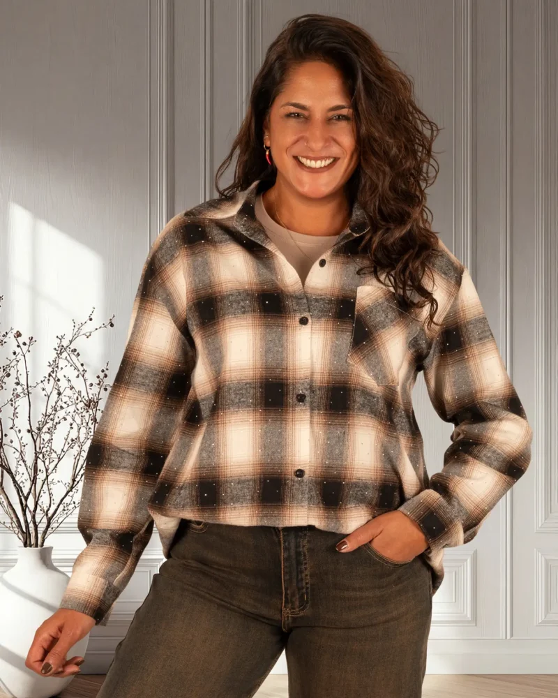 Bruin/beige/zwart geruite blouse strass van My Fave - Afbeelding 3