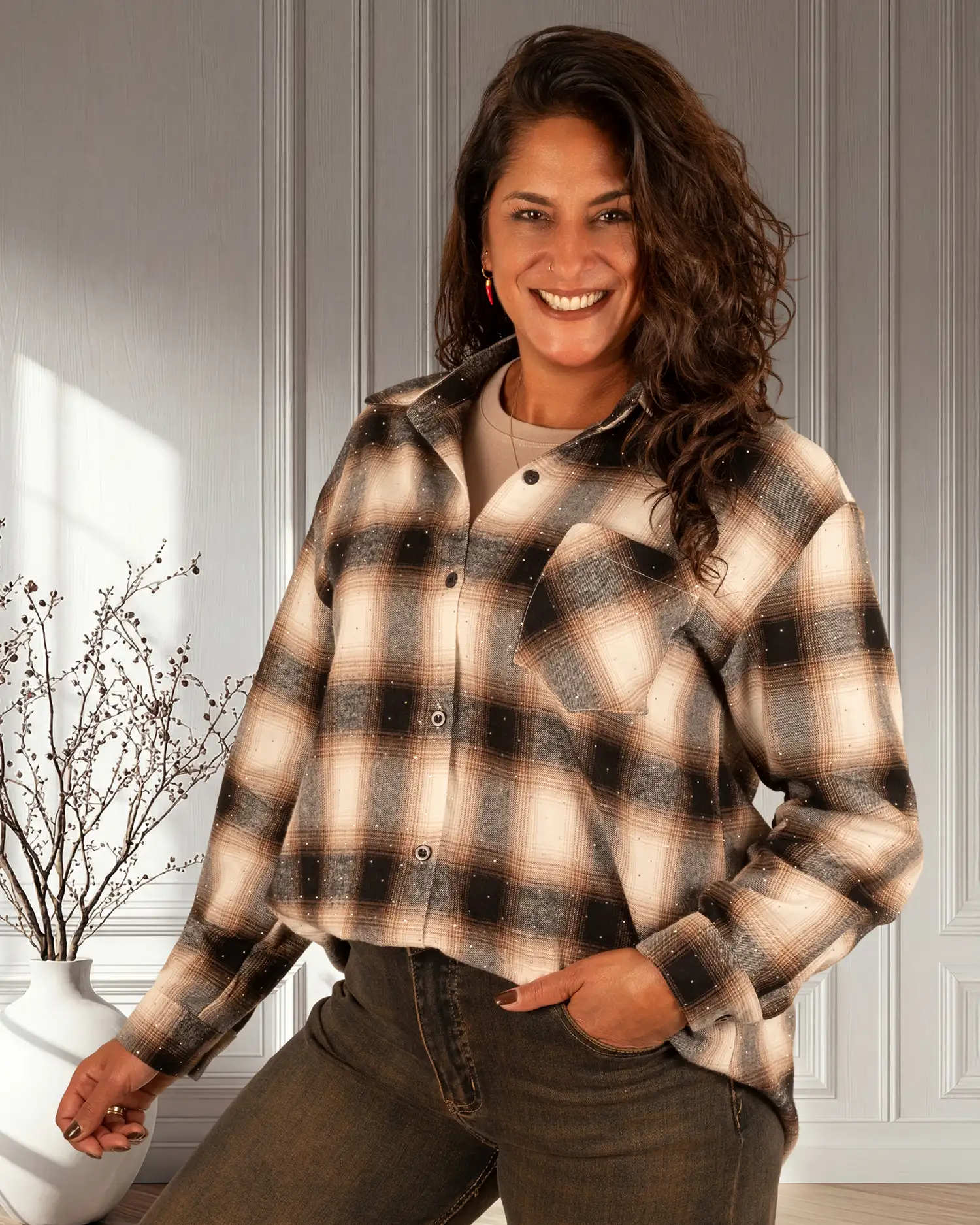 Bruin/beige/zwart geruite blouse strass van My Fave