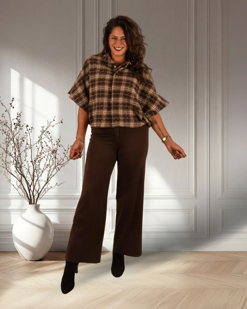 Bruin/beige geruite flanellen oversized ballonblouse met glitter van Gemma Ricceri - Afbeelding 3