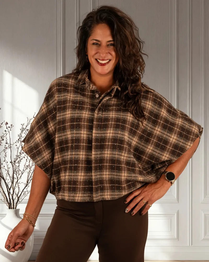 Bruin/beige geruite flanellen oversized ballonblouse met glitter van Gemma Ricceri - Afbeelding 4
